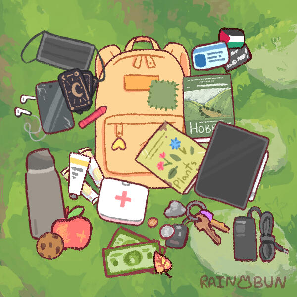 Pic Crew "What's in my bag?" sketch drawing of various bag items