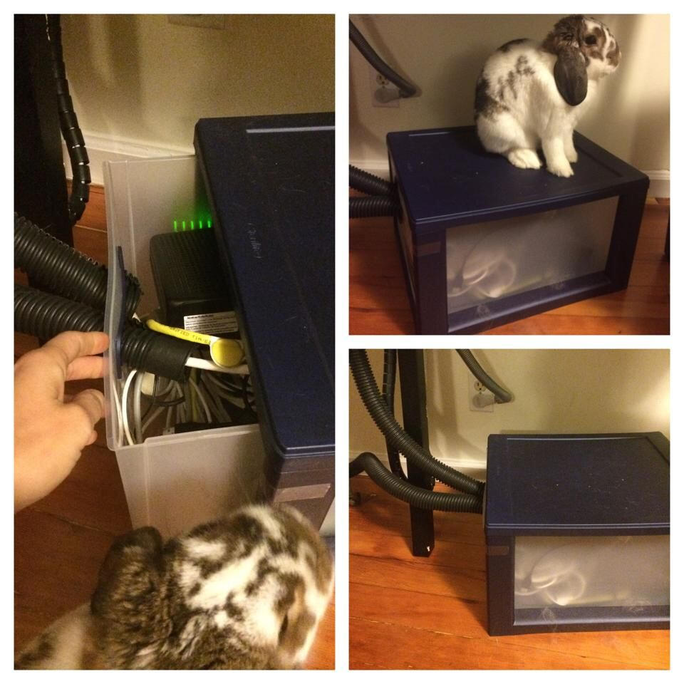 plastic drawer single used to store cables through a hole in the drawer to keep secure from rabbits