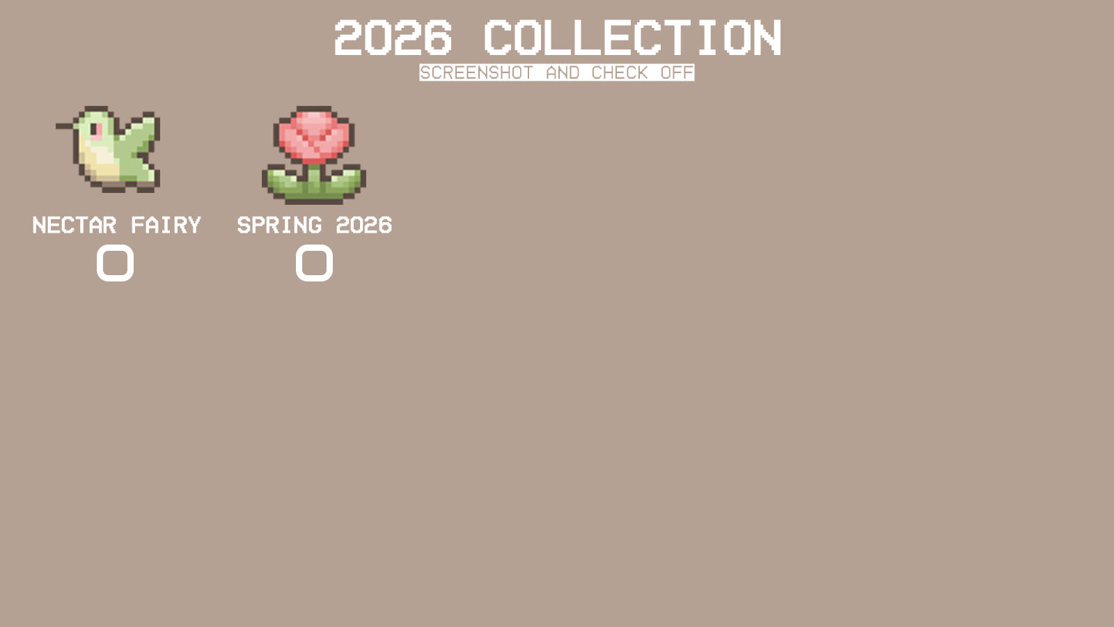 various pixel art from various artists, see "credits" page. little check boxes are below each art piece.