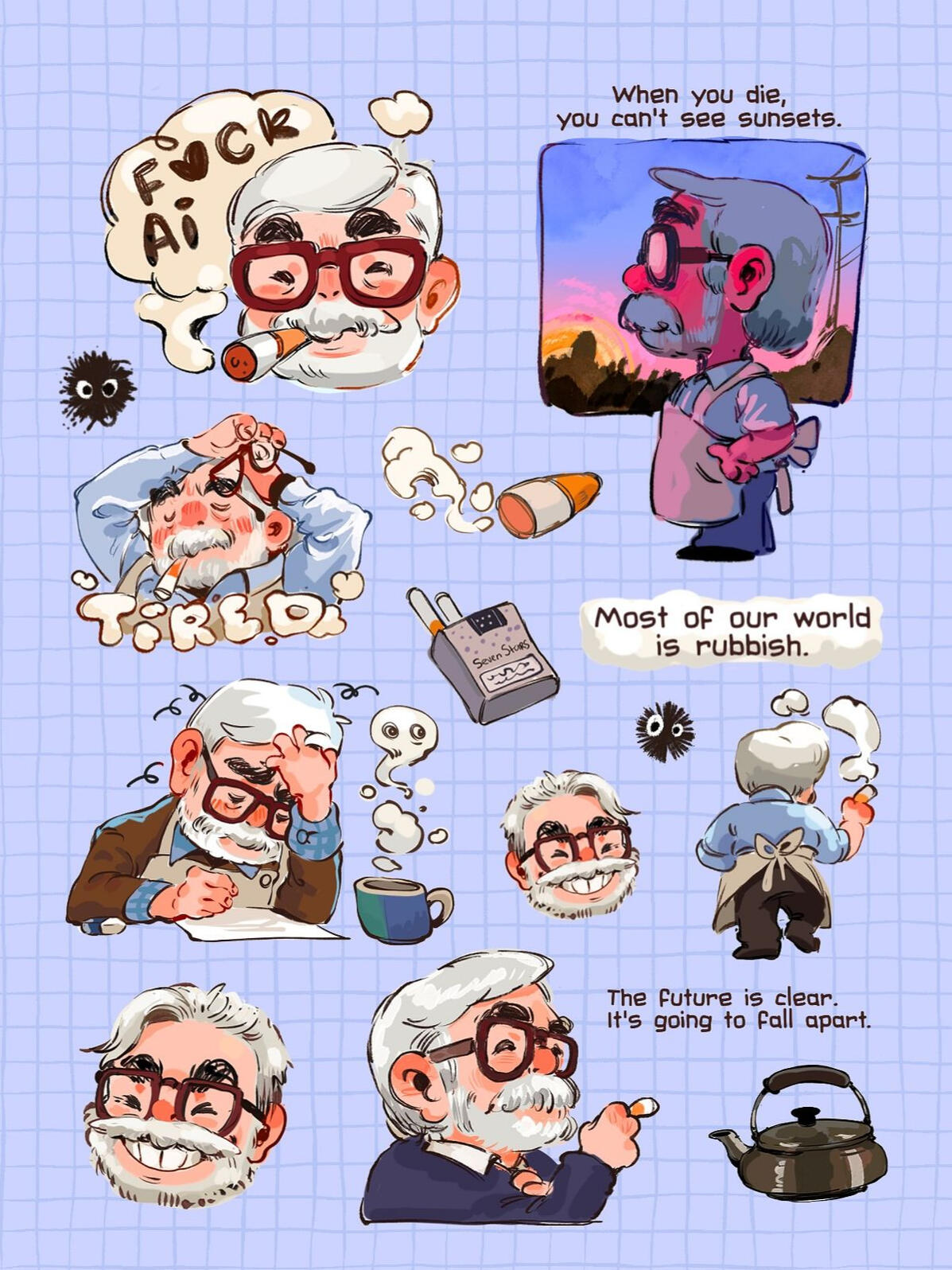 stylized illustrations of Miyazaki and his quotes about the world.
